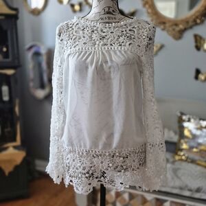 Boho Cottagecore Sheer Lace Long-Sleeve Blouse Large